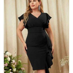Knitee Women's Vintage V Neck Ruffle Sleeve Business Cocktail Pencil Dress